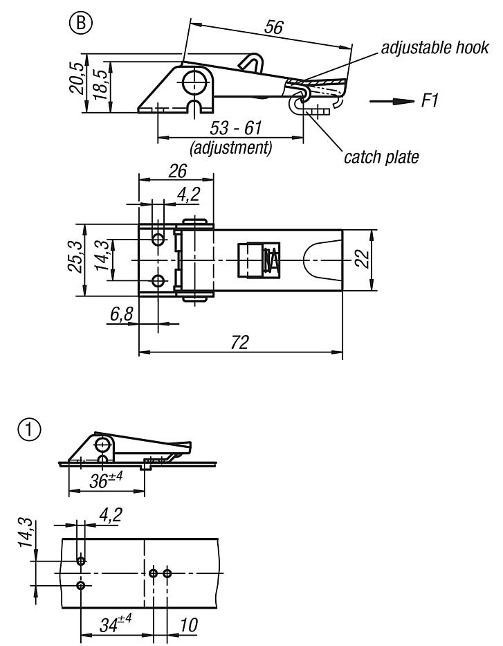 Latches adjustable, fastening holes accessible, Form B