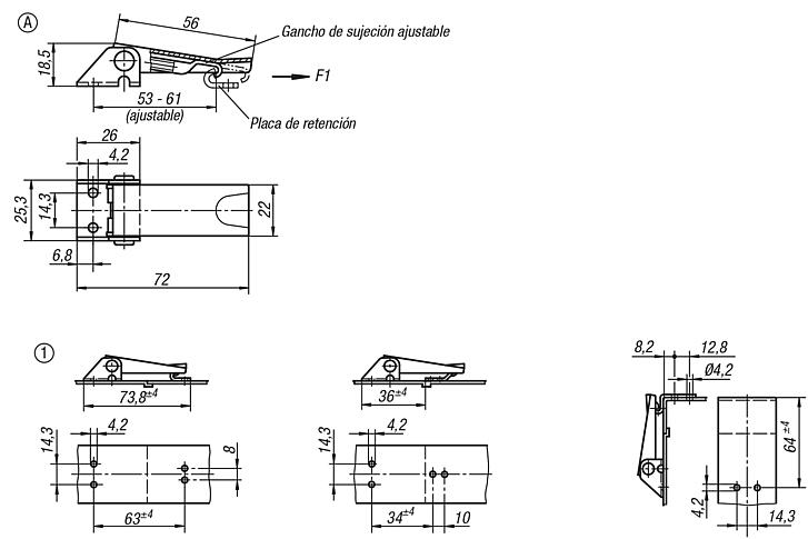 Cierres acodados ajustables, perforaciones atornilladas visibles, forma A