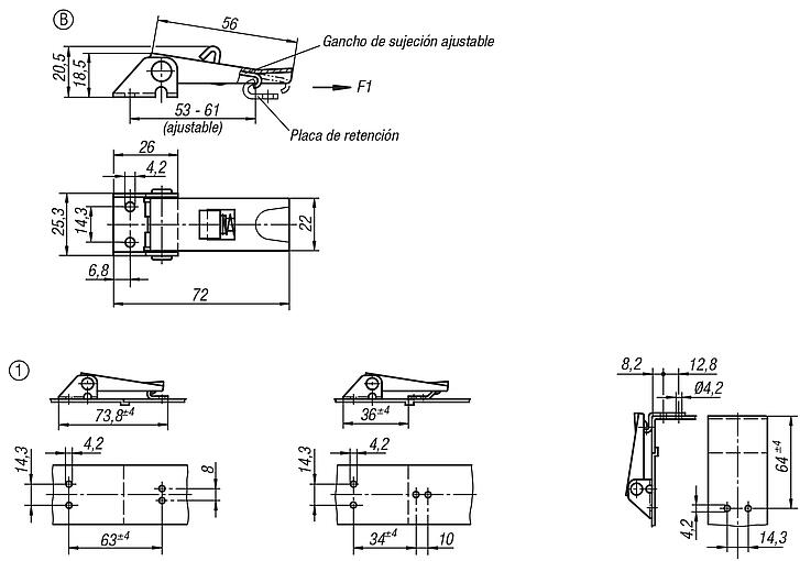 Cierres acodados ajustables, perforaciones atornilladas visibles, forma B