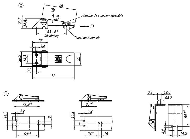 Cierres acodados ajustables, perforaciones atornilladas visibles, forma C
