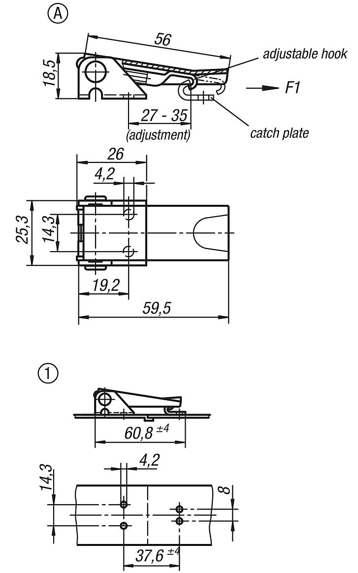 Latches adjustable, fastening holes covered, Form A