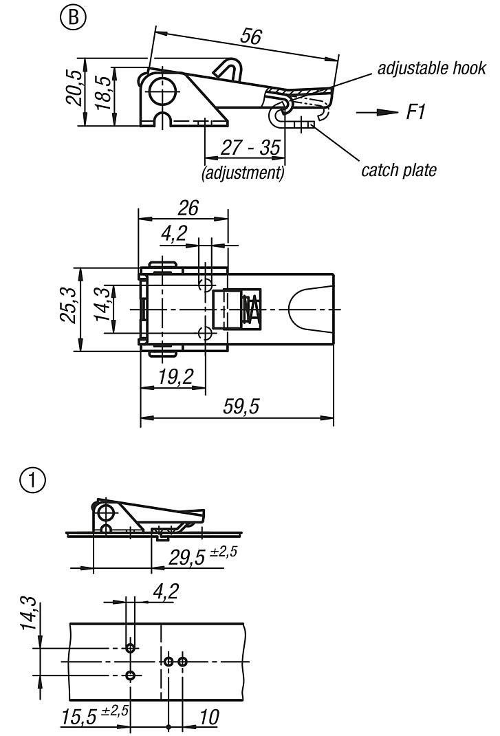 Latches adjustable, fastening holes covered, Form B