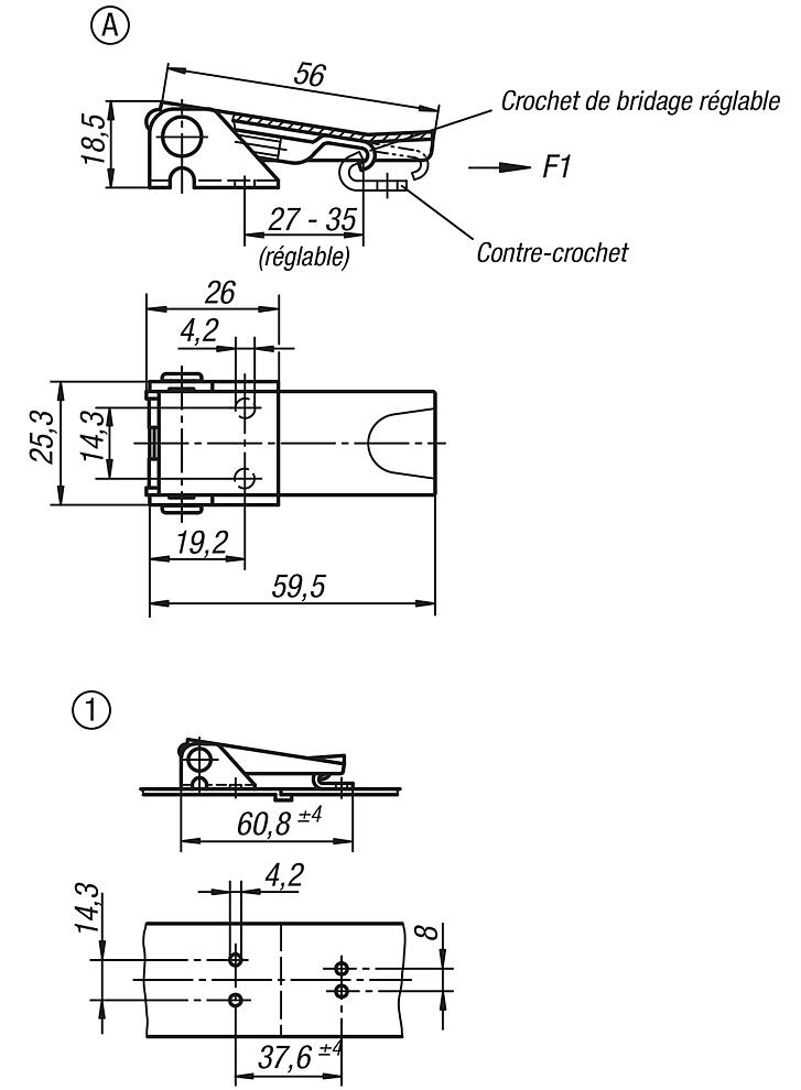 Grenouillères en acier ou en inox avec étrier en tôle jusqu’à 1 000 N, réglables, trous de fixation cachés, modèle court, forme A, standard