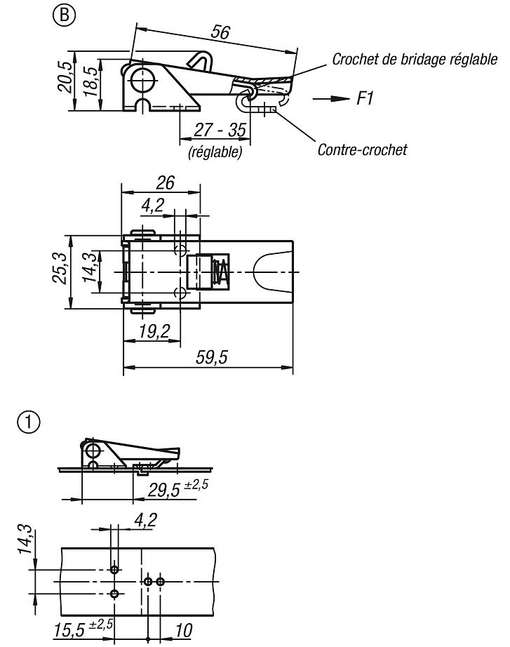 Grenouillères en acier ou en inox avec étrier en tôle jusqu’à 1 000 N, réglables, trous de fixation cachés, modèle court, forme B, avec blocage