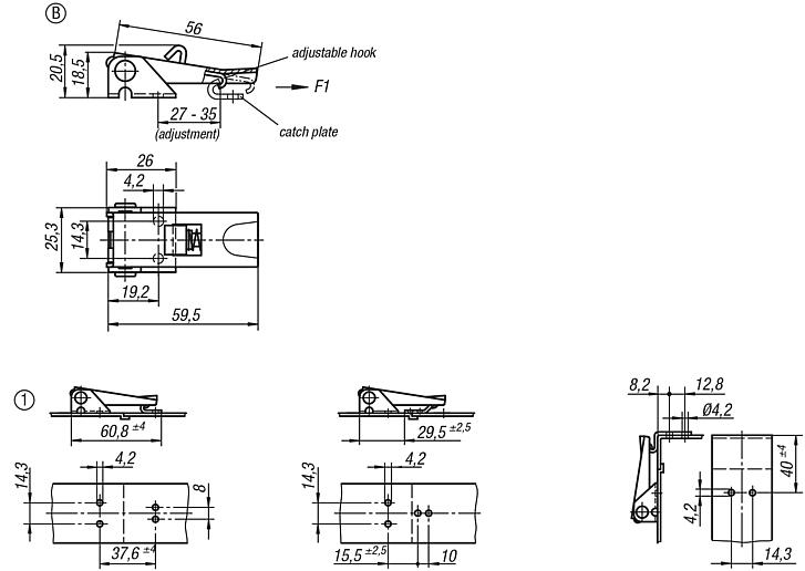 Latches adjustable, fastening holes covered, Form B