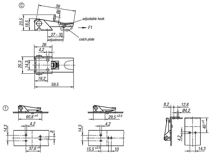 Latches adjustable, fastening holes covered, Form C