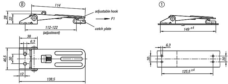 Latches adjustable, fastening holes accessible, Form B