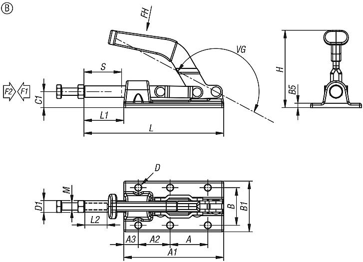 Push-pull toggle clamps, steel or stainless steel, retaining force up to 3150 N, Form B