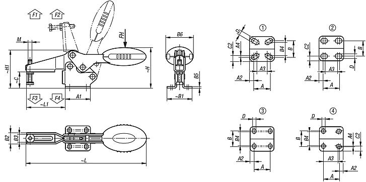 Toggle clamps horizontal with flat foot and adjustable clamping spindle