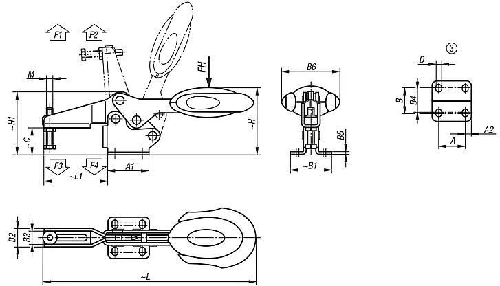 Toggle clamps horizontal with safety interlock with flat foot and adjustable clamping spindle, stainless steel