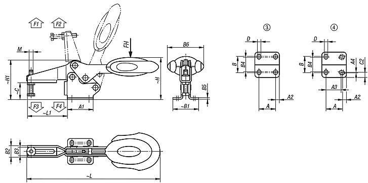 Sauterelle à levier horizontal avec verrouillage de sécurité avec embase horizontale et broche de pression réglable