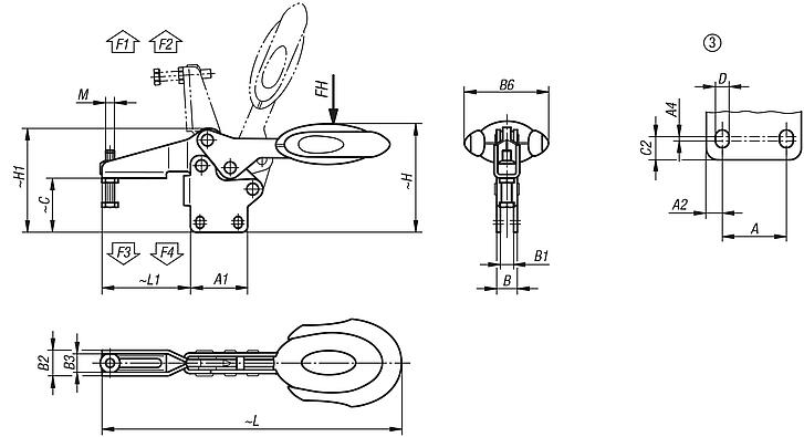 Dispositivos de sujeción rápida horizontales con bloqueo de seguridad con pie vertical y husillo de presión ajustable, acero inoxidable