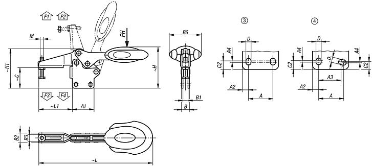 Toggle clamps horizontal with safety interlock with straight foot and adjustable clamping spindle