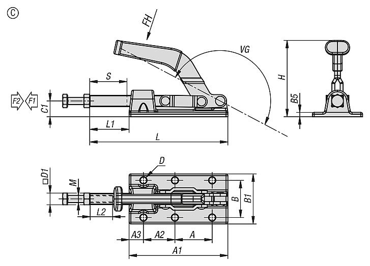 Push-pull toggle clamps, steel or stainless steel, retaining force up to 3150 N, Form C