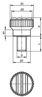 Knurled knobs, plastic, metal detectable with external thread