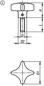 Empuñaduras en cruz similares a DIN 6335 de aluminio, forma L, con rosca exterior