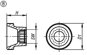 Knurled knobs for hex head screws, Form B