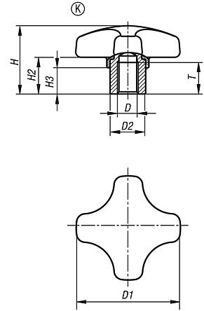 Poignées croisillon en plastique antibactérien avec douille en acier saillante, forme K : douille taraudée