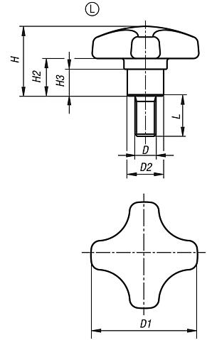 Poignées croisillon en plastique détectables par métal avec douille en acier saillante, forme L : filetage