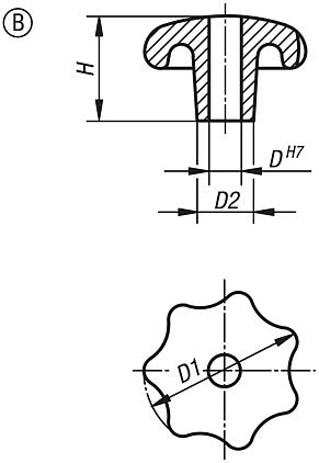 Star grips similar to DIN 6336, aluminium, Form B, drilled through