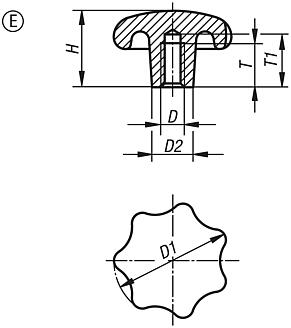 Boutons étoile en aluminium, similaires à DIN 6336, forme E, trou borgne taraudé