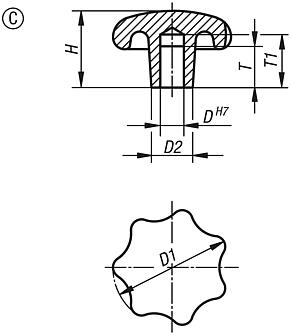 Pomelli a lobi simili a DIN 6336 in alluminio, forma C, foro cieco