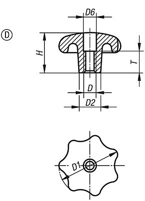 Pomelli a lobi simili a DIN 6336 in alluminio, forma D, filettatura forata