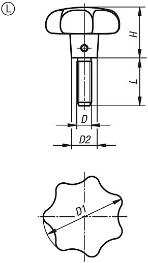 Pomelli a lobi simili a DIN 6336, in alluminio, forma L, con filetto esterno