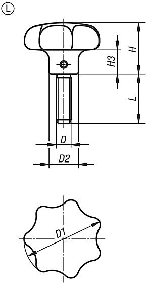 Star grips similar to DIN 6336, stainless steel, Form L, with external thread