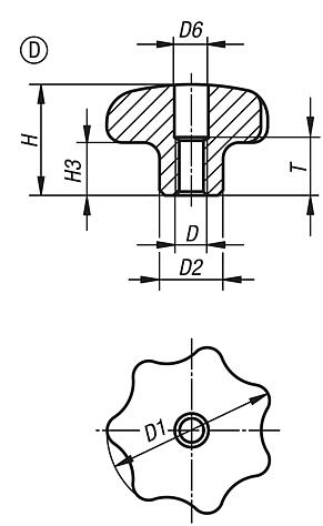 Boutons étoile en inox, similaires à DIN 6336, forme D, trou taraudé