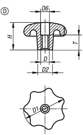 Star grips DIN 6336, grey cast iron, Form D, thread countersunk