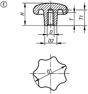 Boutons étoile en fonte grise, DIN 6336, forme E, trou borgne taraudé