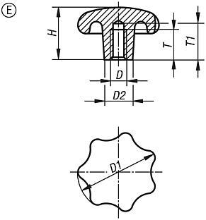 Рукоятки звездообразные, DIN 6336, из чугуна, форма E, глухое отверстие с резьбой