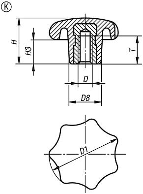 Bouton étoile en similaire à DIN 6336, taraudage, forme K 