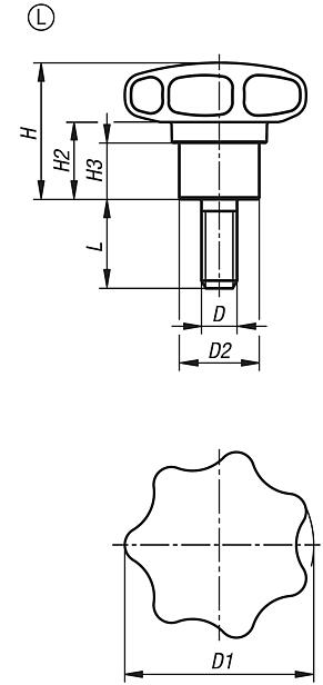 Полимерные звездообразные рукоятки с выступающей стальной втулкой, форма L, с наружной резьбой