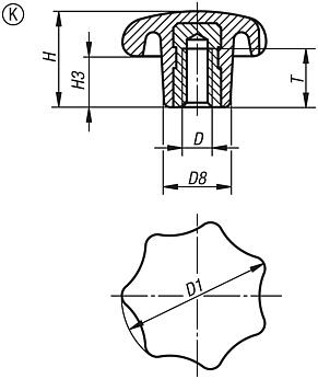 Sterngriffe ähnlich DIN 6336 Stahlteile Edelstahl Form K mit Gewindebuchse