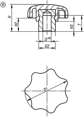 Bouton étoile, forme H, avec douille acier saillante et insert avec trou borgne
