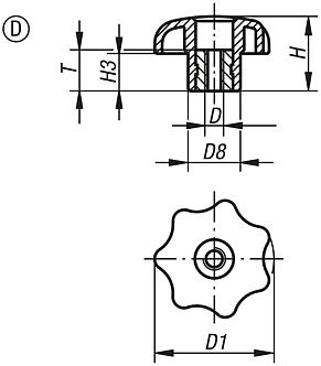 Pomelli a lobi simili a DIN 6336 parti metalliche in acciaio inox, filettatura interna senza coperchio, forma D