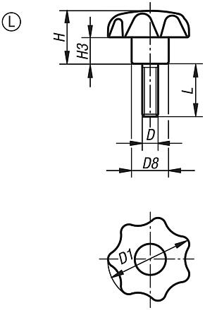 Star grips biopolymer similar to DIN 6336 steel parts stainless steel, Form L 