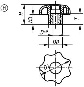 Star grips similar to DIN 6336, with reamed bush, Form H