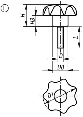 Star grips similar to DIN 6336 with external thread, Form L 