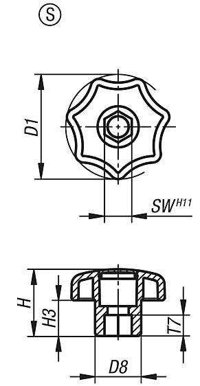 Star grips similar to DIN 6336, hexagonal, Form S