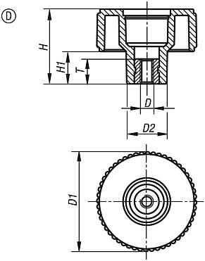 Knurled knobs Form D, with tapped bush, without cap 