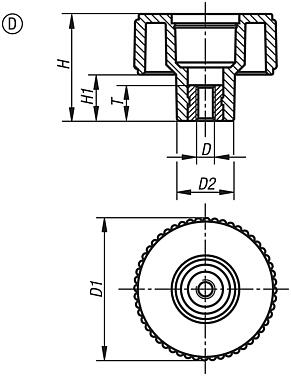 Rotelle zigrinate, parti metalliche in acciaio inox, Forma D, con boccola filettata, senza coperchio