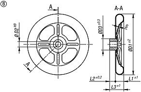Spoked handwheels, sheet steel, Form B 4 spokes