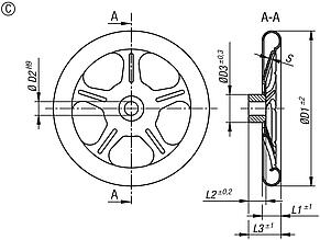Spoked handwheels, sheet steel, Form C 5 spokes