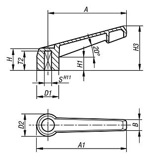 Clamping levers, plastic, non-adjustable with square socket, insert blue passivated steel