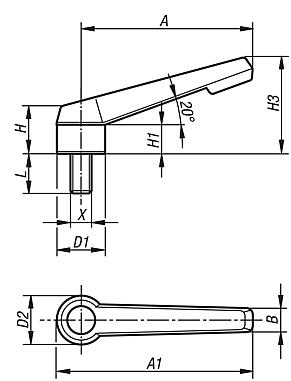 Manette indexable en plastique fixe avec filetage, insert fileté en acier passivé bleu