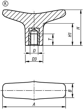 T-grips, plastic, Form K, with internal thread