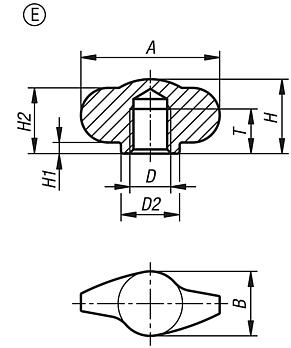 Empuñaduras de mariposa "Miniwing" de acero inoxidable, forma E, con agujero ciego roscado
